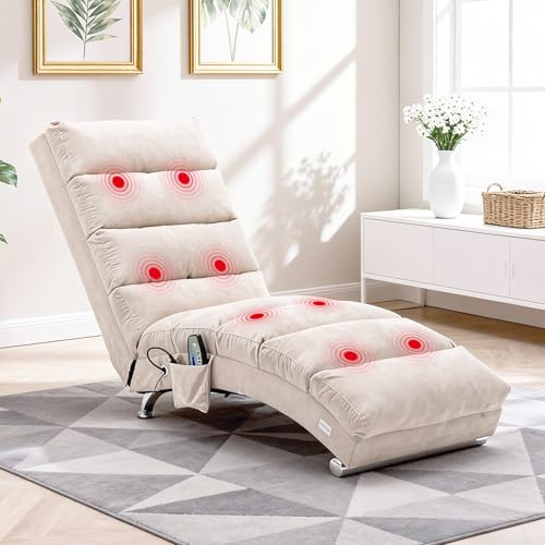 QQU Indoor Chaise Lounge, Upholstered Chaise Longue Chair with Massage, Full Body Support Fixed Recliner Sofa, Linen Leisure Chair with Side Pocket for Living Room Bedroom, Office (Beige)