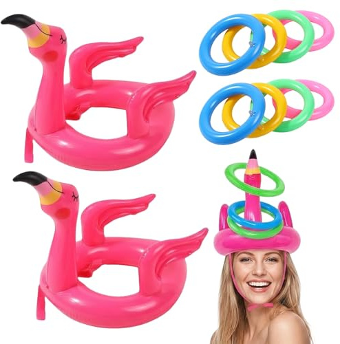 2 Sets Inflatable Ring Toss Game, Inflatable Flamingo Hat Toss with 8 Rings, Pool Games & Pool Party Decorations for Indoor Outdoor Gatherings