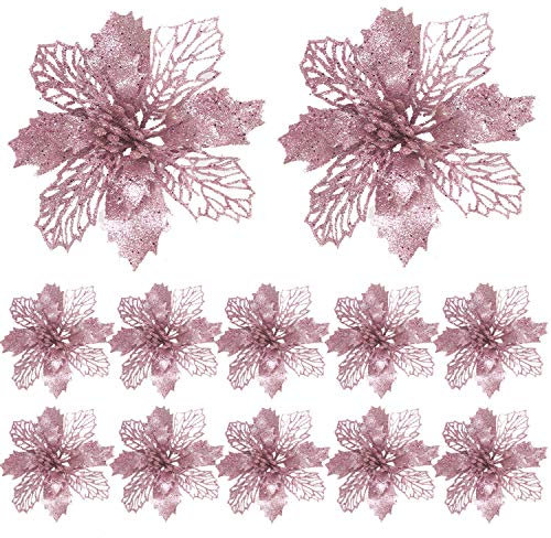 Fiori di Natale, 12 Pezzi Poinsettia Glitter, Stella Artificiale per Decorazioni Matrimonio, Albero e Ornamenti di Capodanno (Oro Rosa)
