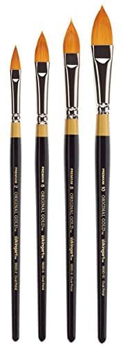 KINGART B-100 Premium 4 pc. Original Gold 9930 Series Oval Floral Petal Brush Set, Synthetic Golden Taklon for Acrylic, Oil, Watercolor Paint, Short Handle, 4 Brushes Sizes: 2, 6, 8, 10
