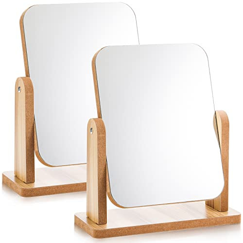 DEAYOU 2 Pack Vanity Mirror with Wood Stand, 360 Degree Rotation Makeup Mirror, Small Standing Swivel Cosmetic Mirror, Portable Wood Tabletop Mirror for Desk, Make Up, Gift, High-Definition