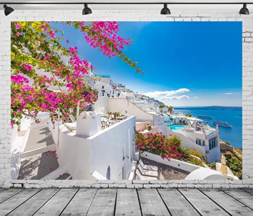 CORFOTO 7x5ft Toile de Fond en Tissu Bleu mer Santorin Island Grèce Architecture Blanche Oia Resort de Luxe Photographie Fond pour décorations de fête Mamma Mia Fête d'anniversaire Grecque