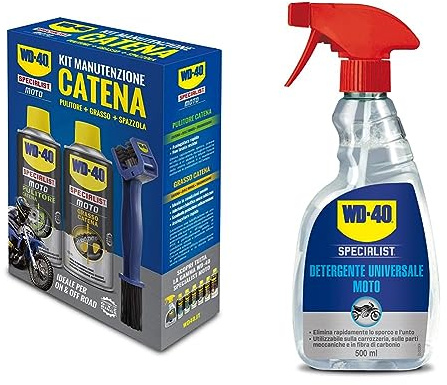 WD-40 Specialist Moto Kit Per La Manutenzione Della Catena Moto Contiene WD-40 Pulitore Catena 400 ml, WD-40 Grasso, Spazzola Catena Moto & SPECIALIST MOTO - Detergente Universale Spray - 500 ml