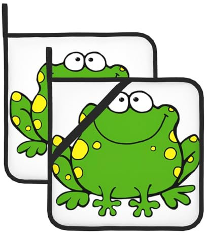 Topflappen, Frosch-Design, hitzebeständig, rutschfest, mit Taschen, für Küche, Kochen, Backen, Grillen, 2 Stück