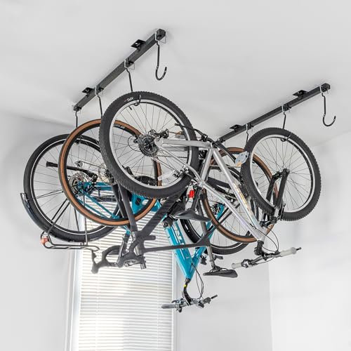 Teal Triangle Support de vélo pour garage – Support de vélo de qualité supérieure pour un rangement peu encombrant | Crochets de plafond réglables pouvant contenir 4 à 8 vélos – Système de porte-vélos