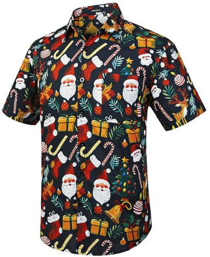 HISDERN Christmas Shirt for Men Hawaiian Short Sleeve Shirt Casual Button Down Santa T-Shirt M