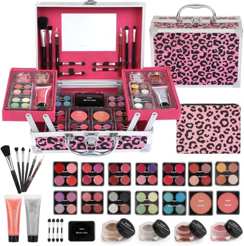 Anpro Estuche de Maquillaje Todo en Uno con Diseño Leopardo, Incluye Set de Maquillaje Profesional para Adolescentes, Pinceles, Paleta de Sombras, Regalo Ideal para Niñas - Rosa Leopardo