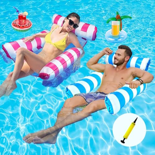 2 Pack Lilo Pool Inflatables，4 in 1 Water Hammock With 2 Drink Holders and 1 Air Pump, Cool Mesh Adult Swimming Floats Pool Toys Sofa Lounger Chair Seat Mattress for Lazy River Beach Kids Adults