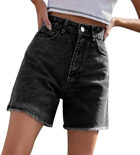 Short en jean pour femme - Pantalon court en jean pour femme - Taille haute - Jean baggy - Jambe droite - Pantalon court d'été - Noir et bleu - Avec poches - Jean baggy, Noir , M