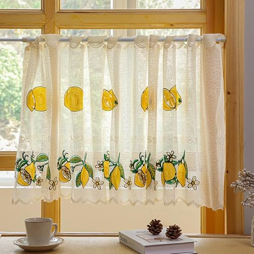 Cantonnière brodée au citron – Demi-fenêtre mignon, semi-transparent avec passe-tringle, motif floral citrons frais pour décoration de cuisine, salon (broderie citron 01, 200 x 55 cm)