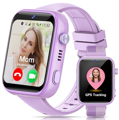 AIMIUVEI 4G Reloj Inteligente Niño, Smartwatch Niños Pantalla HD de 1.83'' con Ilamadas, Videollamadas, Chat de Voz, Whatsapp, WiFi, GPS, SOS, SMS, IP68 Impermeable, Modo Escuela, Podómetro (Púrpura)