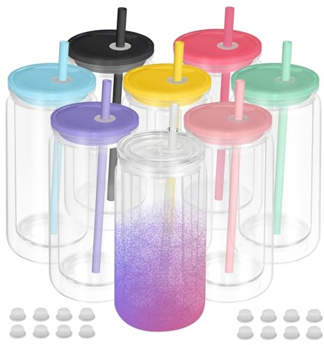AZEAM 8 PCS Plastic Snow Globe Tumbler,16 oz Double Wall Tumbler with Pre Drilled Hole,Bulk Snow Globe Cups with Colorful Lip and Straw,DIY Glitter Snowglobe(No gold powder)