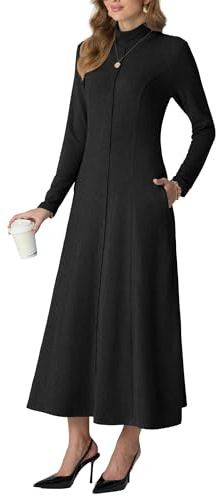 Grecerelle, maxi abito da donna con collo alto, maniche lunghe, elegante, casual, da lavoro, da giorno, da appuntamento, comodo, in tessuto elasticizzato, abito lungo invernale con tasche, Nero , XXL