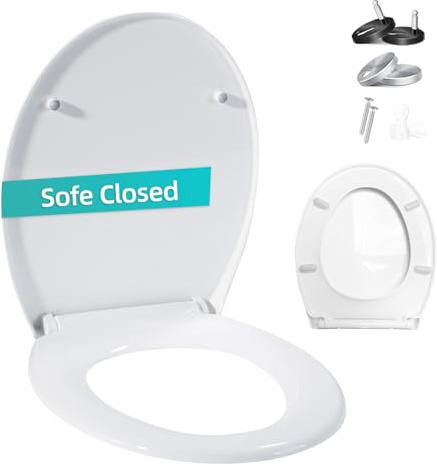Shgjutop Abattant WC Avec Frein de Chute, Cuvette Toilette Forme O, Abattant WC Clipsable Avec Fermeture en Douceur, Dégagement Rapide Lunette de Toilette Clipsable Universelle Antibactérien, Blanc