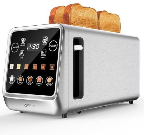 Keenstone Grille-pain 4 Tranches, Intelligent Écran Tactile, Mémoire, Grillage d’Une Tranche, Minuterie, Réchauffage/Dégivrage pour Bagels, Muffins, Essentiel Acier Inoxydable