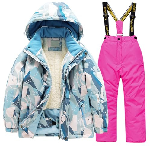 Generisch Combinaison de ski d'hiver doublée pour enfants - Veste et pantalon - Ensemble pour garçons et filles - Combinaison de neige chaude - Protection contre les intempéries, Rose, 12-14 ans