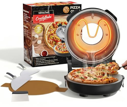 SENSCHEF 12 Inch CrustyBake Electric Pizza Oven – 800°F Indoor Countertop Cooker, Dual Heat Control, 5-Min Pizzeria Pizza, Tools & Recipe Book Included, Ceramic Stone for Crispy Crust