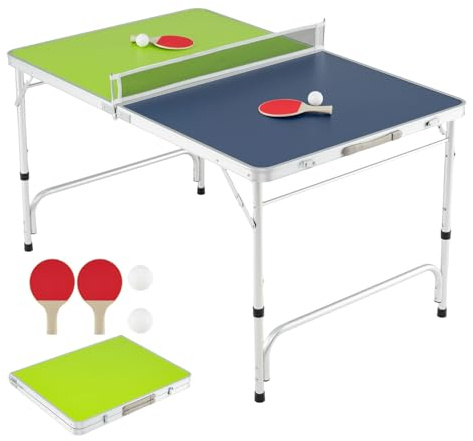 COSTWAY Table de Ping-Pong Pliable 120 x 76 cm, Set Mini Tennis Table Peu Encombrante avec Filet 2 Raquettes 2 Balles Hauteur Réglable 3 Niveaux, Cadre en Aluminium, pour Extérieur Intérieur