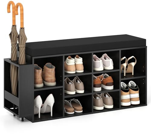 COSTWAY Banc Chaussures Entrée avec Porte-Parapluie, Banc de Rangement avec Coussin, 10 Compartiments, Étagères Réglables à 5 Positions, Housse de Coussin Lavable, 110 x 30 x 52,5 cm (Noir)
