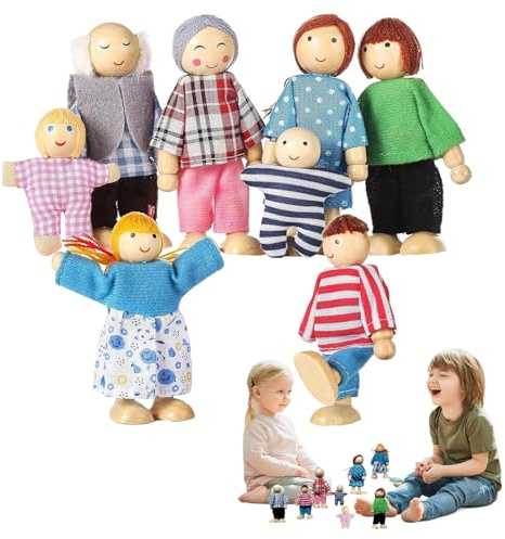 Människor figurer för dockhus flexibla familjedockor för | 8 delar i trä minikaraktärer barn, förskola, hem, symboliskt spel, docka, skola, förvara