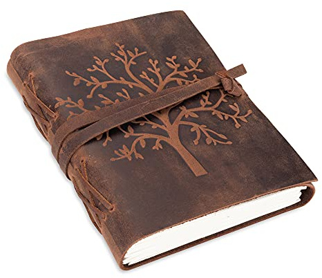 Leder Notizbuch Tree of Life | 240 Seiten aus blanko säurefreiem Baumwollpapier | Handgemachtes retro Tagebuch, Reisetagebuch, Bullet Journal, Skizzenbuch, Handlettering Buch | braun | MOONSTER®