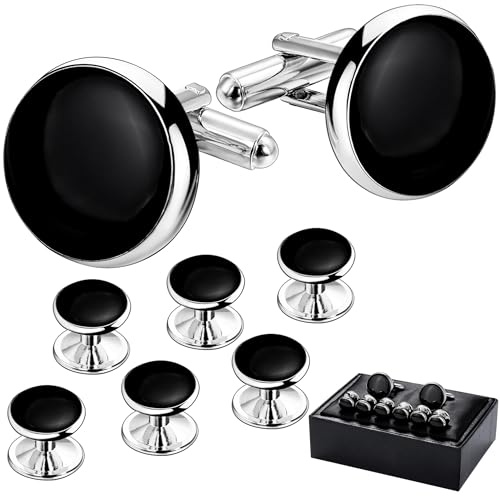 Men’s Cufflinks and Tuxedo Studs Set with Gift Box; Men’s Jewelry or Accessories Suitable for Black Suit White shirts vest and Red Bow tie on Wedding or Anniversary and Birthday