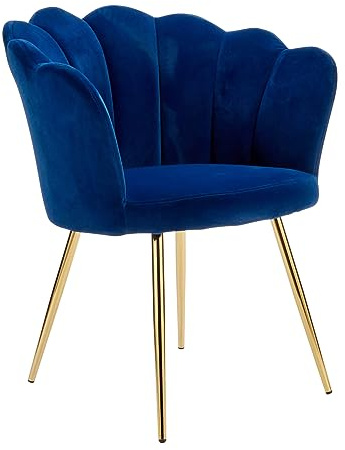 Home Source Velvet Scallop Shell Chair Wing Back Armchair Occasional Sofa, Blue, Gold Legs