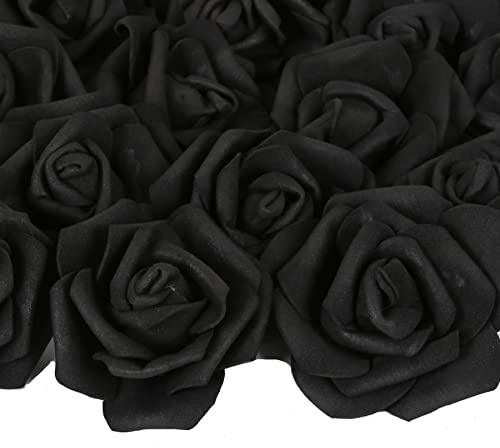 INSUNSIX Artificial Rose Flowers,100 pcs Foam Roses Bulk Black Fake Flower Heads for DIY Crafts Wedding Bouquets Rose Wall Kissing Balls Bridal Shower Party Decorations(Black)