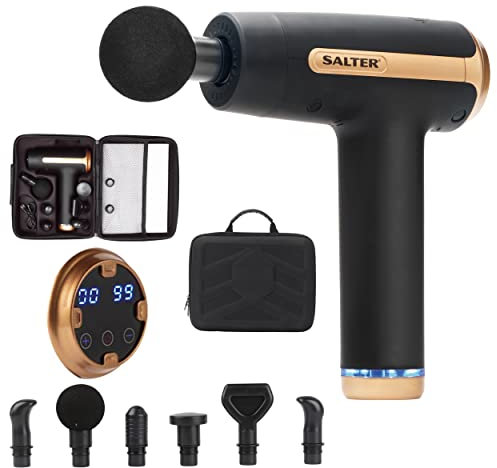Salter EE6817BLKSTKEU7 Cordless Massage Gun - Percussion Handheld Muscle Massager, Electric Deep Tissue Massage Gun, Pain Relief, Fitness Recovery, Rechargeable, 6 Massage Heads, 30 Adjustable Speeds