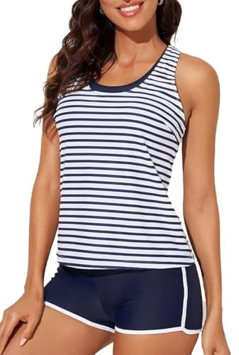 Bsubseach Trajes de Baño de 3 Piezas para Mujer Traje de Baño de Cintura Alta Tankini Retro con Pantalones Cortos de Niño Rayas Azules XL