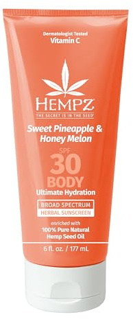Hempz Daily Body Sunscreen SPF 30, Sweet Pineapple and Honeymelon, Reef Safe, Vegan, Dermatologist Tested, 6 oz