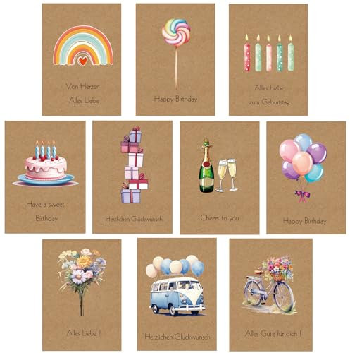 Geburtstagskarten Set (10 Stück) mit Umschlägen - Grußkarten für Glückwunschkarte - Premium Klappkarten inklusive Briefumschlag aus Kraftpapier - hochwertige Grußkarten für Familie & Freunde
