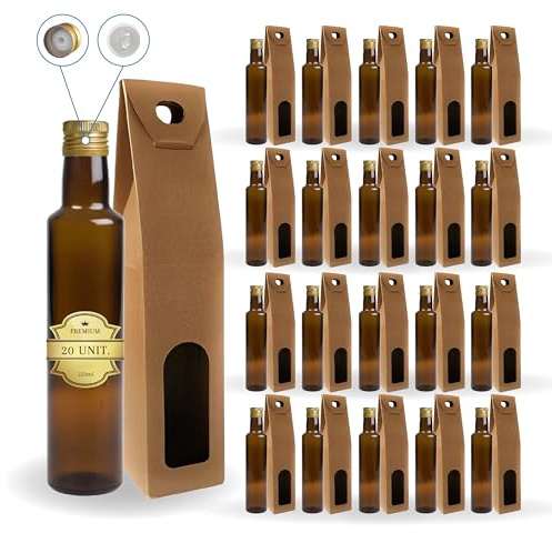 20 botellas de vidrio oscuro de 250 ml con tapón dorado y vertedor + 20 cajas | aceite de oliva, vinagre, alcohol, salsas | oliera