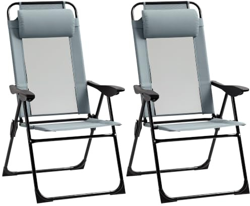Outsunny Lot de 2 Chaises de Jardin Dossier Réglable 5 Positions Gris | Set de 2 Chaises Pliantes, pour Camping, Balcon, Extérieur, Accoudoir, Oreiller Amovible Fourni, Tissu Oxford Textilène