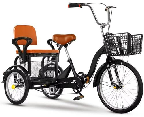 Vikbar vuxen trehjuling, 16 tum tandem trehjuling med baksäte för äldre, 3-hjulig cruiser trehjuling cykel med känsliga bromsar, sadel och styre höjdjusterbar, last och bemannad trehjuling