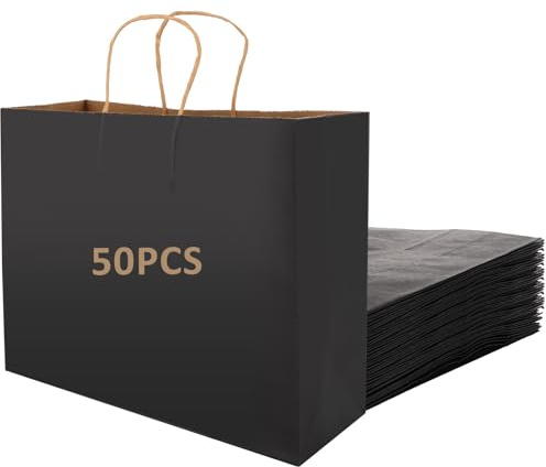 Oungy 50 Pcs Black Paper Bags with Handles, 32x11x25cm Large Gift Bags, 130gsm Carrier Shopping Paper Bags for Shopping Party Retail Boutique Wedding Birthday