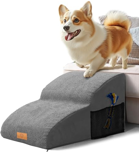 Masthome Dog Stairs for Small Dogs, 2-Step Extended Waterproof Dog Steps with Removable Cover, 30D High-Density Foam Non-Slip Dog Ramp for Bed Sofa & Chair, Grey, 55x40x30cm