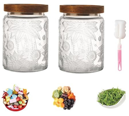 DYUEE Glass Jar with Acacia Wood Lid, 2 Pack 700ml Vintage Glass Jars Set, Airtight Food Storage Jar for Candy, Flour, Oats, Coffee Bean(Sunflower)