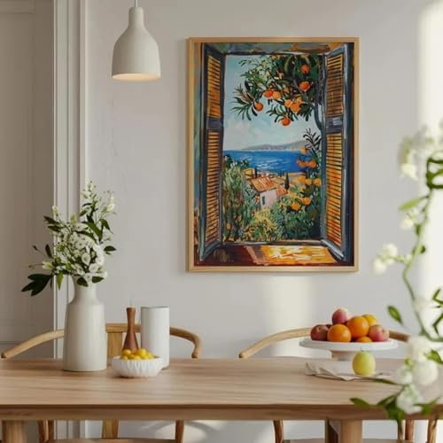 Öppet fönster Henri Matisse-tryck Henri Matisse-stilmålning Medelhavet Apelsinträd Kustutsikt Canvastavla 70x110cm Ramlös