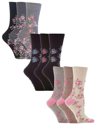 SOCK SHOP GENTLE GRIP - Ladies Non-Elastic Cotton Patterned Socks - 9 Pack | Loose Top Socks for Circulation Support (4-8, Floral 1)