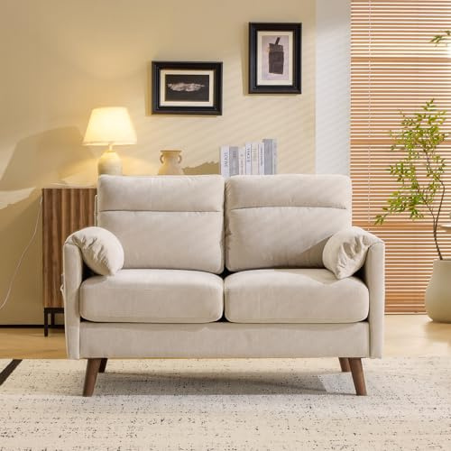 Bonnlo Fabric 2 seater sofa,Small Modern Couch with Soft Cushion,Tapered Legs and Side Pocket Storage,Compact Loveseat with Deep Seat Perfect for Living Room,Bedroom,Office,Dorm,Beige