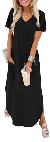 WIHOLL Dresses for Women 2026 Vacation Casual Maxi Summer Tshirt Dress V Neck Weddging Guest Sundress L Black