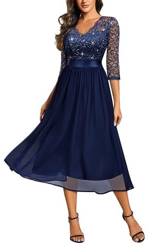 MIUSOL Women's Retro V-Neck 3/4 Sleeves Sequin Lace Formal Business Cocktail Party Dress (X-Large, Navy Blue)