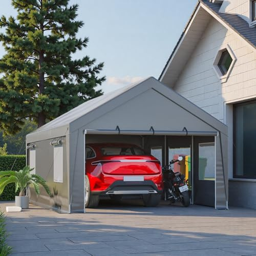 Trygoal 13x20 FT Heavy Duty Carport, Outdoor Storage Shed Tent with 2 Roll-Up Doors, Side Panels & Galvanized Steel Frame, All-Season Garage Shelter with Dual Mesh Ventilation Windows, Silver