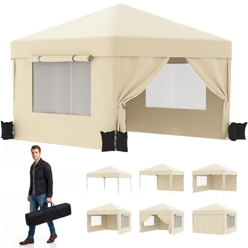 JUMMICO Tonnelle Pliante 3x3m avec Moustiquaire Aérée Anti-Insectes｜Robuste et Durable｜Imperméable et Anti-UV｜Installation et Rangement Rapides｜Idéale pour Cour, Balcon, Camping et Plus Encore｜Beige