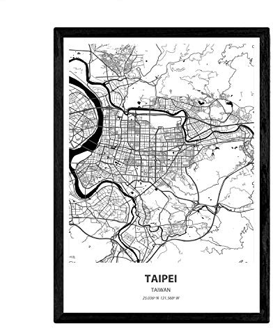 Nacnic Poster con la Mappa Taipei - Taiwan. Città asiatiche Fogli con Mari e fiumi, in Colore Nero. Formato A3