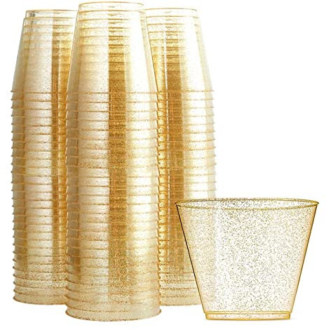PIQIUQIU 25 Vasos Transparentes de Plástico Duro con Brillo Dorado - 270ml / 9oz Vasos Reutilizable Ideales para Fiestas y Eventos