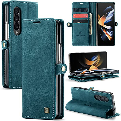EYZUTAK Wallet Case for Samsung Galaxy Z Fold 4, Retro Matte Premium Protective Leather Case with RFID Blocking 3 Card & 1 Cash Slot Viewing Stand Magnetic Closure TPU Shell Flip Cover - Blue