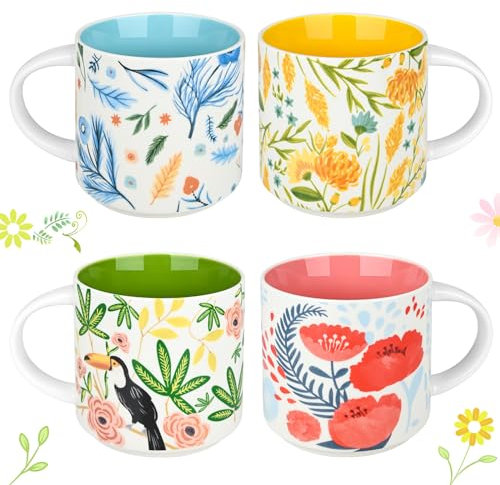 Yoiemivy Keramik-Kaffeetassen, 473 ml, 4 Stück, große Blumen-Tassen, Vintage-Teetassen mit Griffen, niedliche, ästhetische Tasse, solides Restaurant, Porzellan, Teetasse – Geschenke für Frauen und