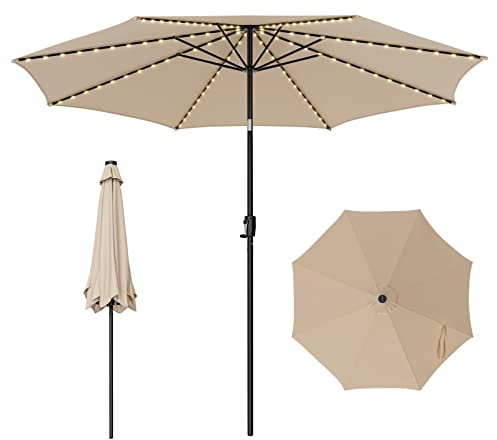 COSTWAY Sombrilla Terraza Exterior Ø300 cm con Solar LED 112 Luces, Sombrilla Jardin Inclinable, Manivela, 8 Costillas, Protección UV, Parasol Jardin Piscina Terraza Playa (beige)